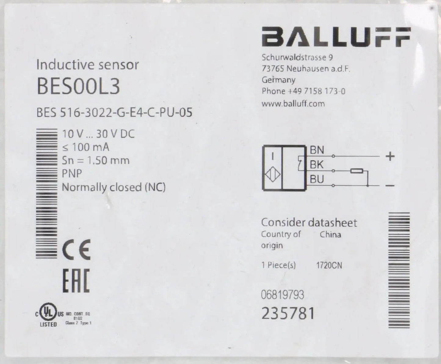 Balluff Inductive Standard Sensor BES 516-3022-G-E4-C-PU-05