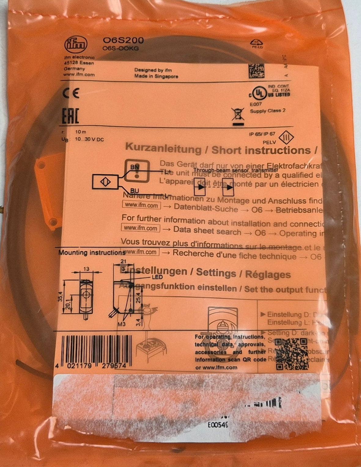 IFM Electronic O6S200 Through-Beam Sensor Transmitter - O6S-OOKG