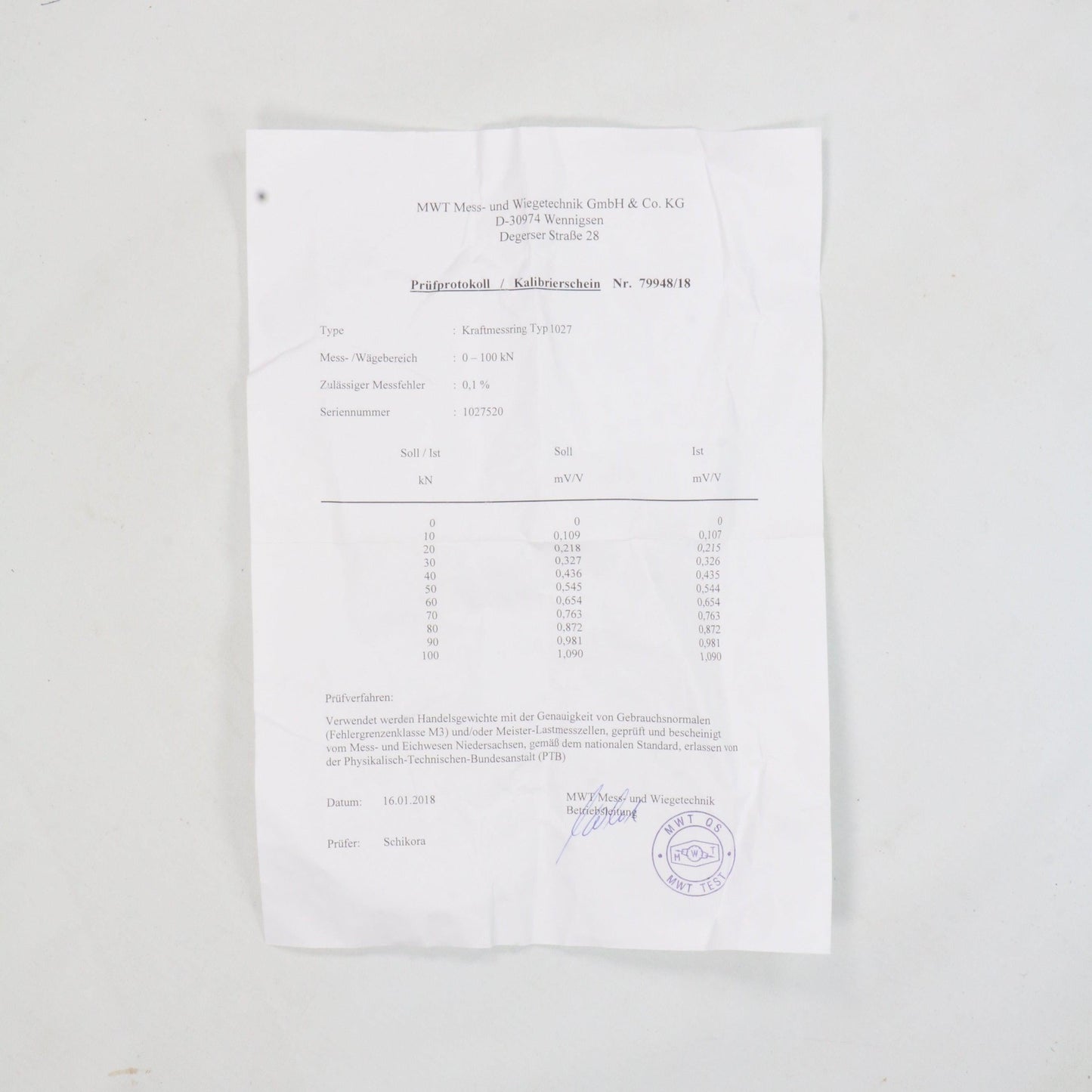 MWT Force Measuring Ring/Load Cell Type 1027 - 1027520