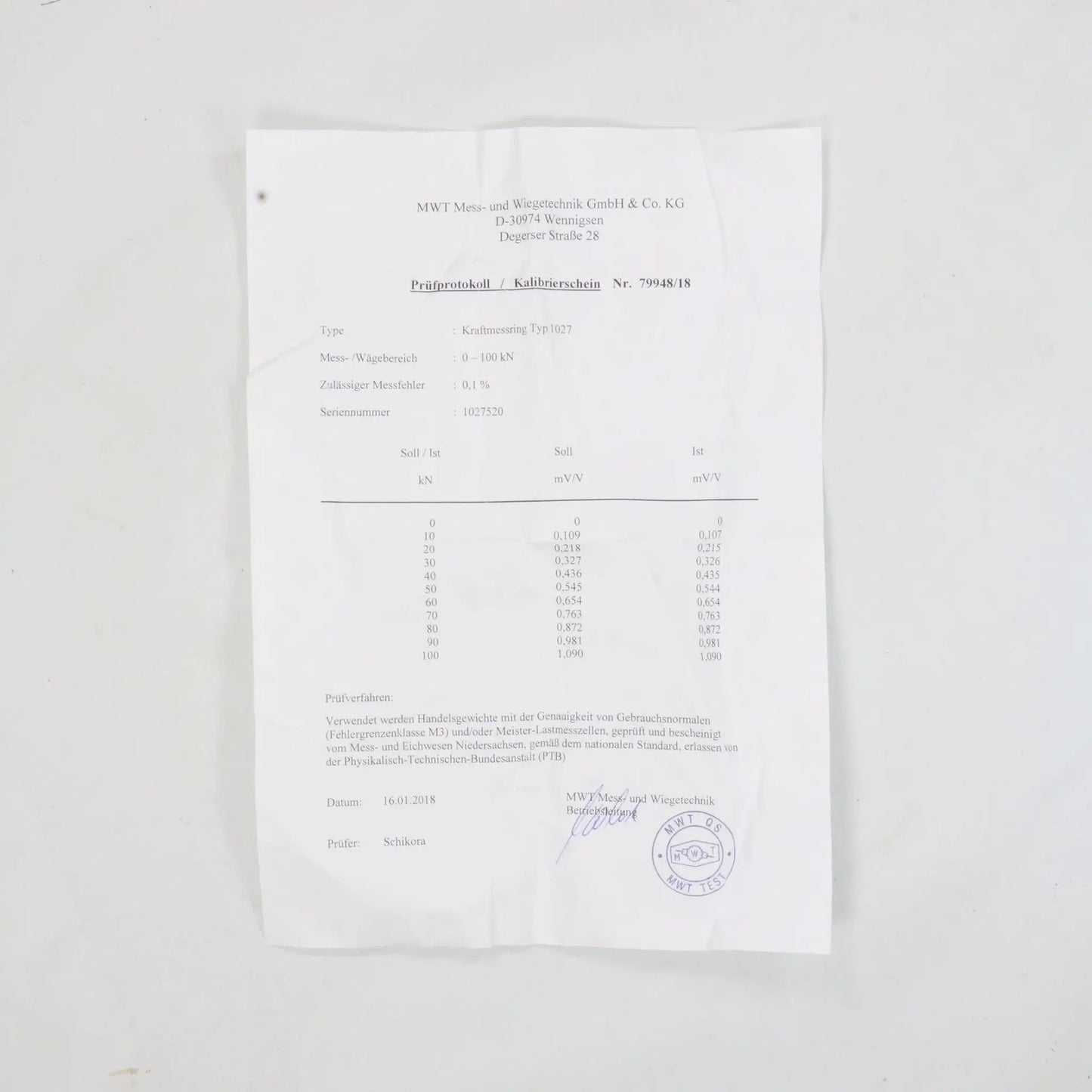 MWT Force Measuring Ring/Load Cell Type 1027 - 1027520