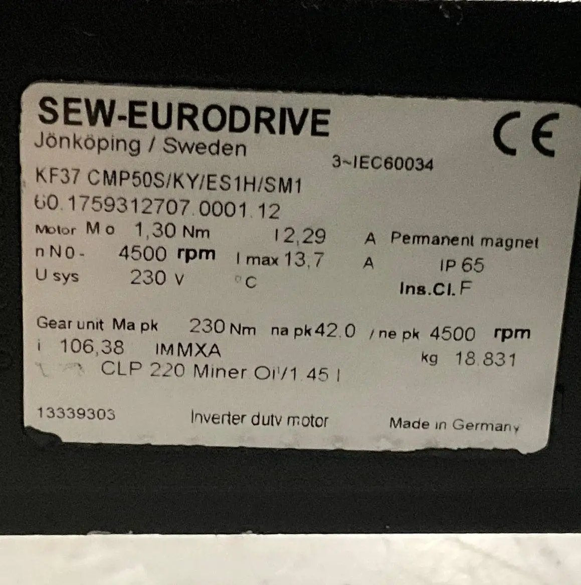 SEW Eurodrive KF37 CMP50S/KY/ES1H/SM1 Gear Motor