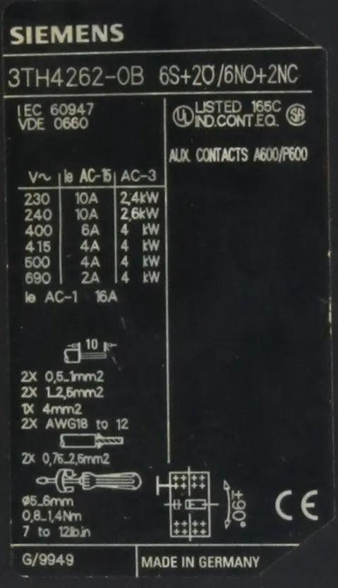 Siemens Contactor Relay 3TH4262-0B