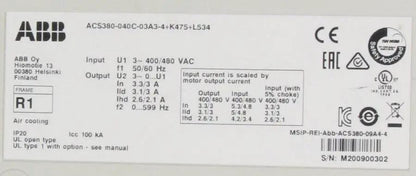 ABB ACS 380 040S 03A3 4 Inverter Drive - Used