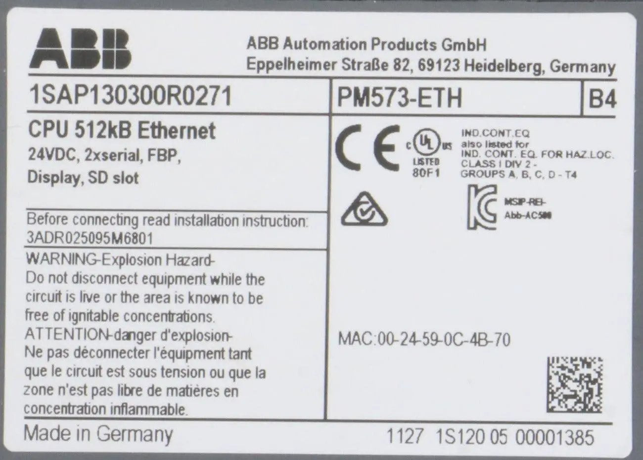 ABB PM573-ETH PLC Assembly
