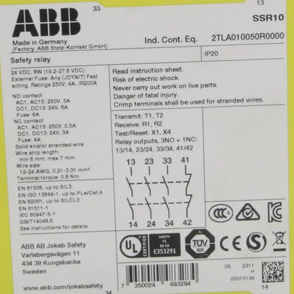 ABB/Jokab Safety Sentry SSR10 Safety Relay