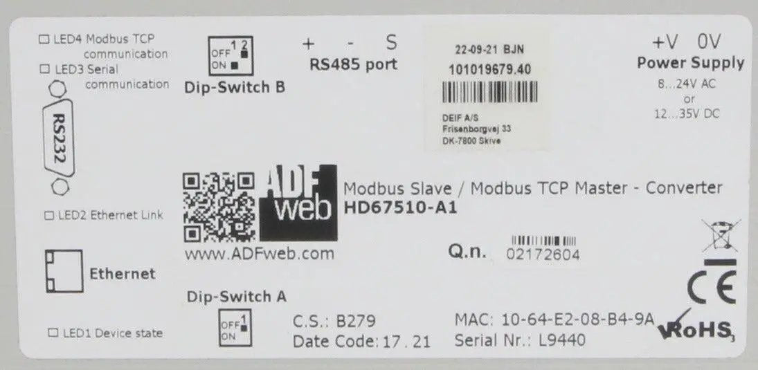 ADFWeb HD67510-A1 Modbus Slave/Modbus TCP Master - Converter