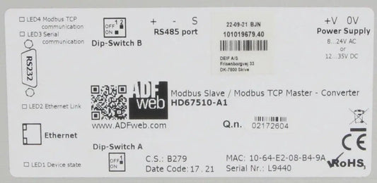 ADFWeb HD67510-A1 Modbus Slave/Modbus TCP Master - Converter