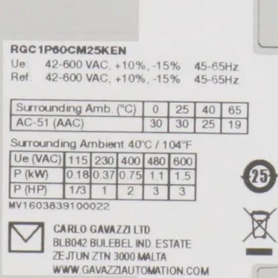 Carlo Gavazzi RGC 1P60CM25KEN Solid State Relay