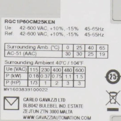 Carlo Gavazzi RGC 1P60CM25KEN Solid State Relay