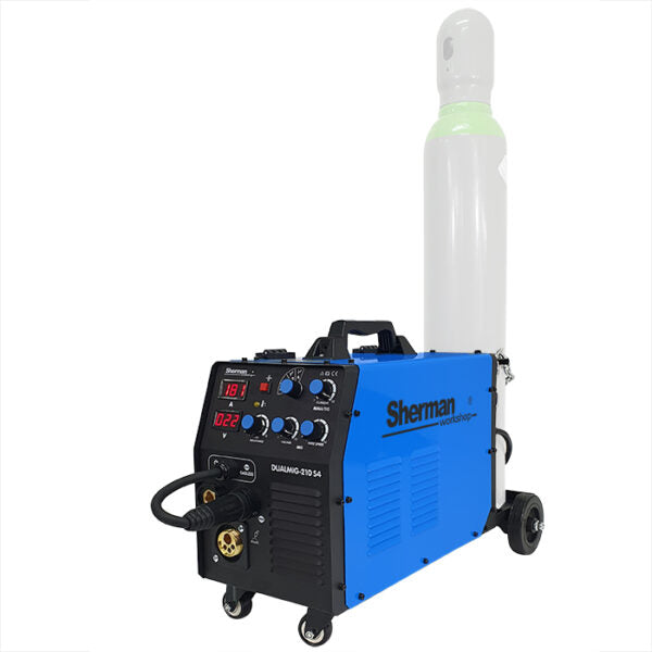 DUALMIG 210 S4 inverter lasapparaat met wielen en fleshouder.