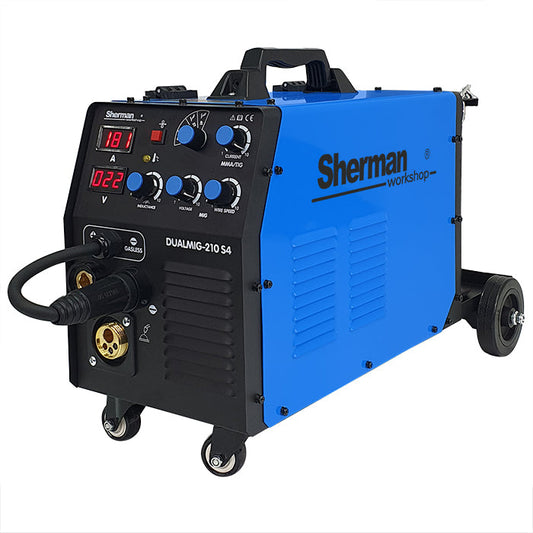 DUALMIG 210 S4 inverter lasapparaat met wielen en fleshouder.