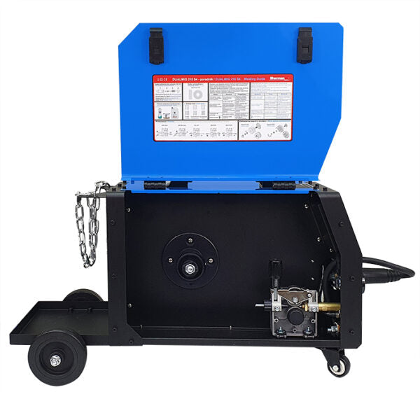 DUALMIG 210 S4 inverter lasapparaat met wielen en fleshouder.