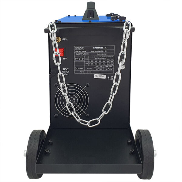 DUALMIG 210 S4 inverter lasapparaat met wielen en fleshouder.