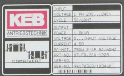 KEB Antriebestechnik Combivert 07.F0.200-1228 Frequency Converter