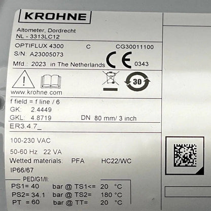 Krohne Optiflux 4300 CG 30011100 Electromagnetic Flowmeter