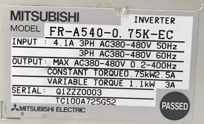 Mitsubishi Frequency Drive Inverter FR-A540-0 75K-EC/FR-PU-04