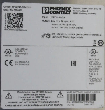 Phoenix Contact QUINT4-UPS/24DC/24DC/5 Uninterruptible Power Supply