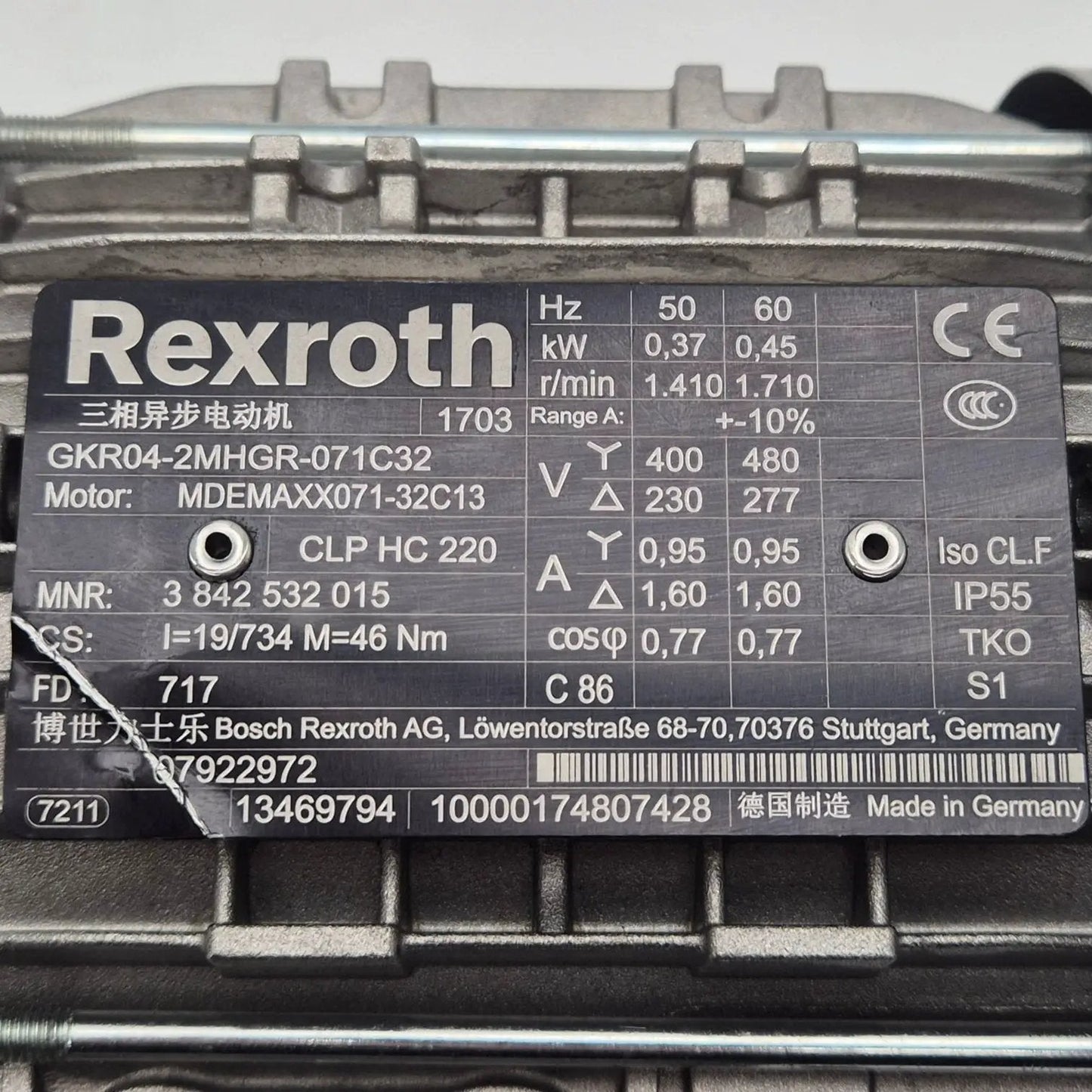 Rexroth GKR04‑2MHGR‑071C32 3 Phase AC Gearmotor