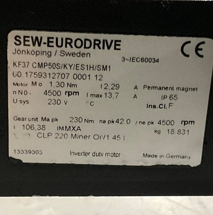 SEW Eurodrive KF37 CMP50S/KY/ES1H/SM1 Gear Motor