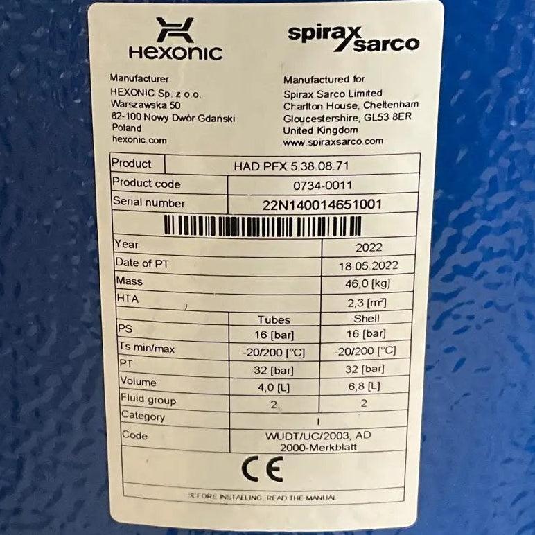 Sarco Spirax Hexonic HAD PFX 5.38.08.71 Shell & Coil Heat Exchanger