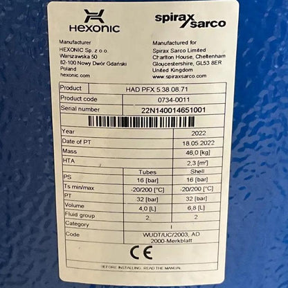 Sarco Spirax Hexonic HAD PFX 5.38.08.71 Shell & Coil Heat Exchanger