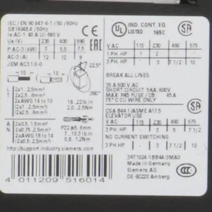 Siemens 3RT1024 1BB4 3MA0 Power Contactor