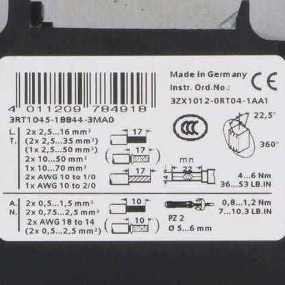Siemens 3RT1045 1BB44 3MA0 Power Contactor