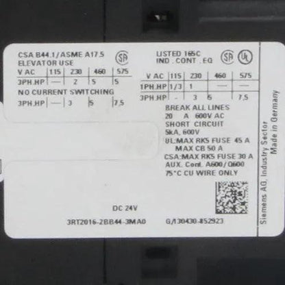 Siemens 3RT2016 2BB44 3MA0 Power Contactor