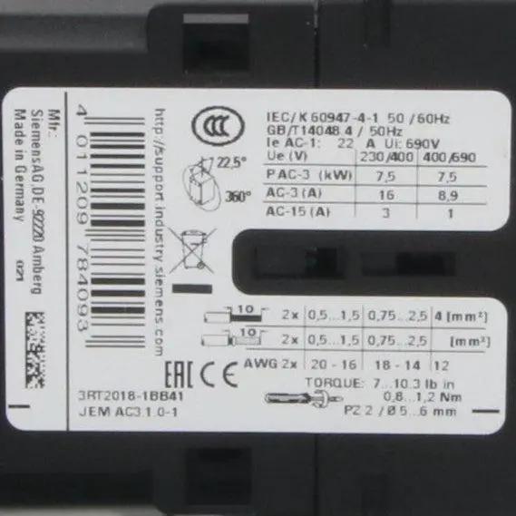 Siemens 3RT2018 1BB41 Power Contactor