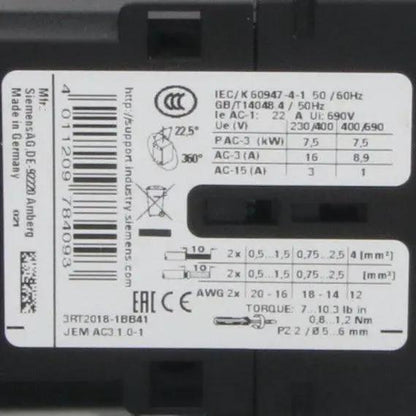 Siemens 3RT2018 1BB41 Power Contactor