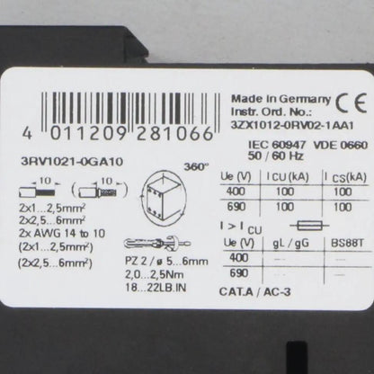 Siemens 3RV1021 0GA10 Circuit Breaker