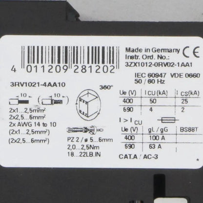 Siemens 3RV1021 4AA10 Circuit Breaker