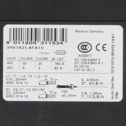 Siemens 3RV1431 4FA10 Circuit Breaker