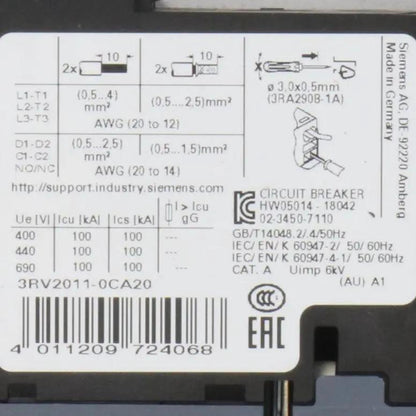 Siemens 3RV2011 0CA20 Circuit Breaker