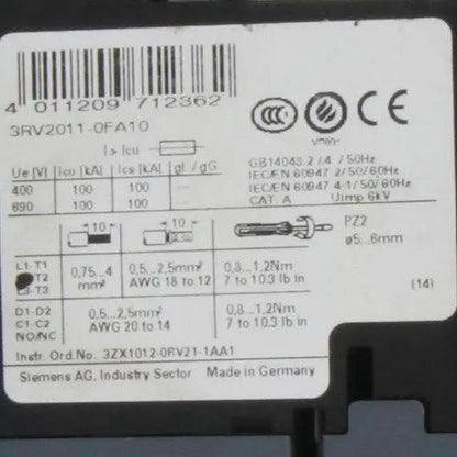 Siemens 3RV2011 0FA10 Circuit Breaker
