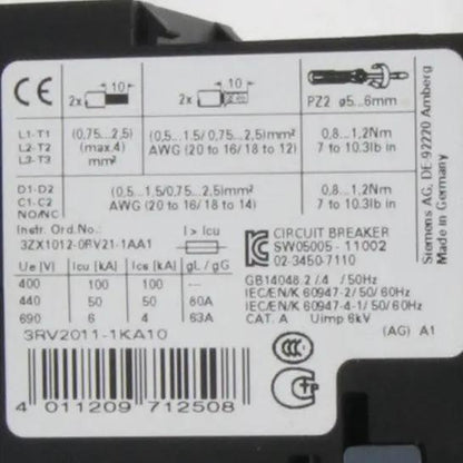 Siemens 3RV2011 1KA10 Circuit Breaker