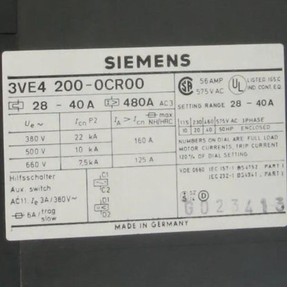 Siemens 3VE4 200 0CR00 Motor Circuit Breaker