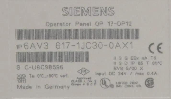 Siemens 6AV3 617-1JC30-0AX1 Operator Panel OP17-DP12