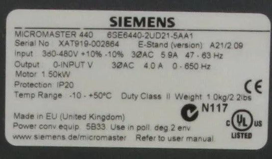 Siemens 6SE6440-2UD21-5AA1 Micromaster 440 Profibus Module