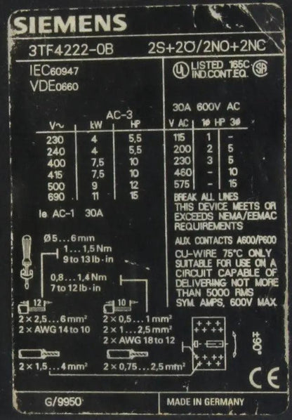 Siemens Contactor Relay 3TF4222-0B