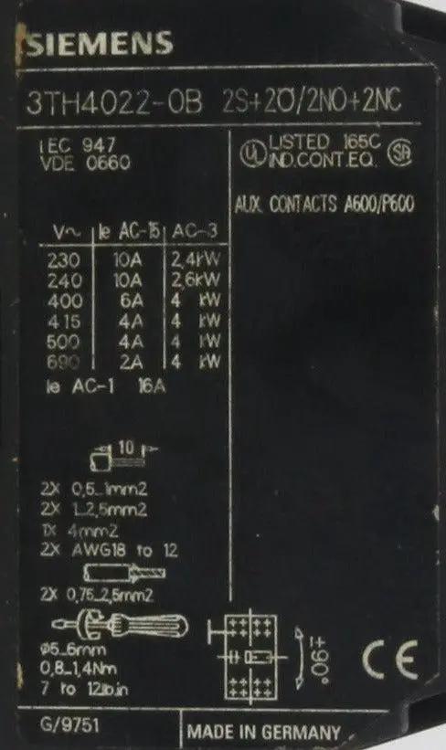 Siemens Contactor Relay 3TH4022-0B