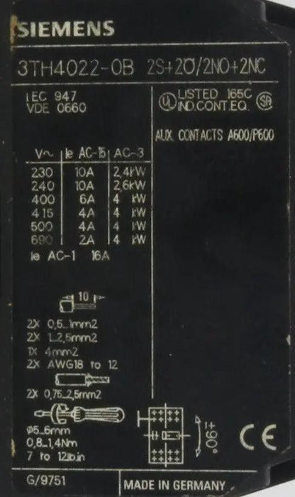 Siemens Contactor Relay 3TH4022-0B