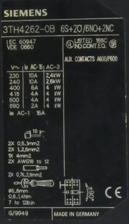 Siemens Contactor Relay 3TH4262-0B