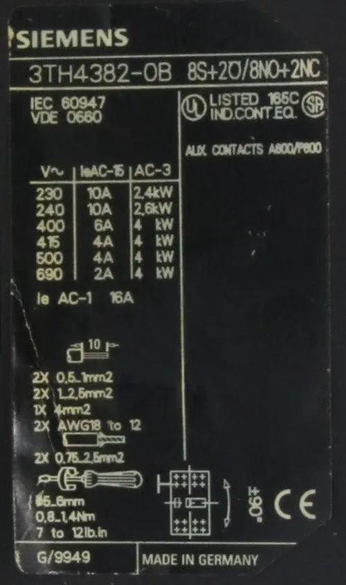 Siemens Contactor Relay 3TH4382-OB
