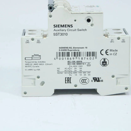 Siemens Miniature circuit breaker 400 V 6kA, 2-pole, C, 6 A, D=70 mm