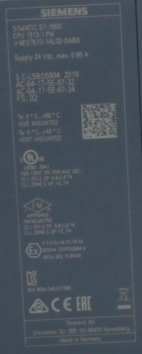 Siemens Simatic S7-1500 6ES7513-1AL02-0AB0 Programmable Logic Controller