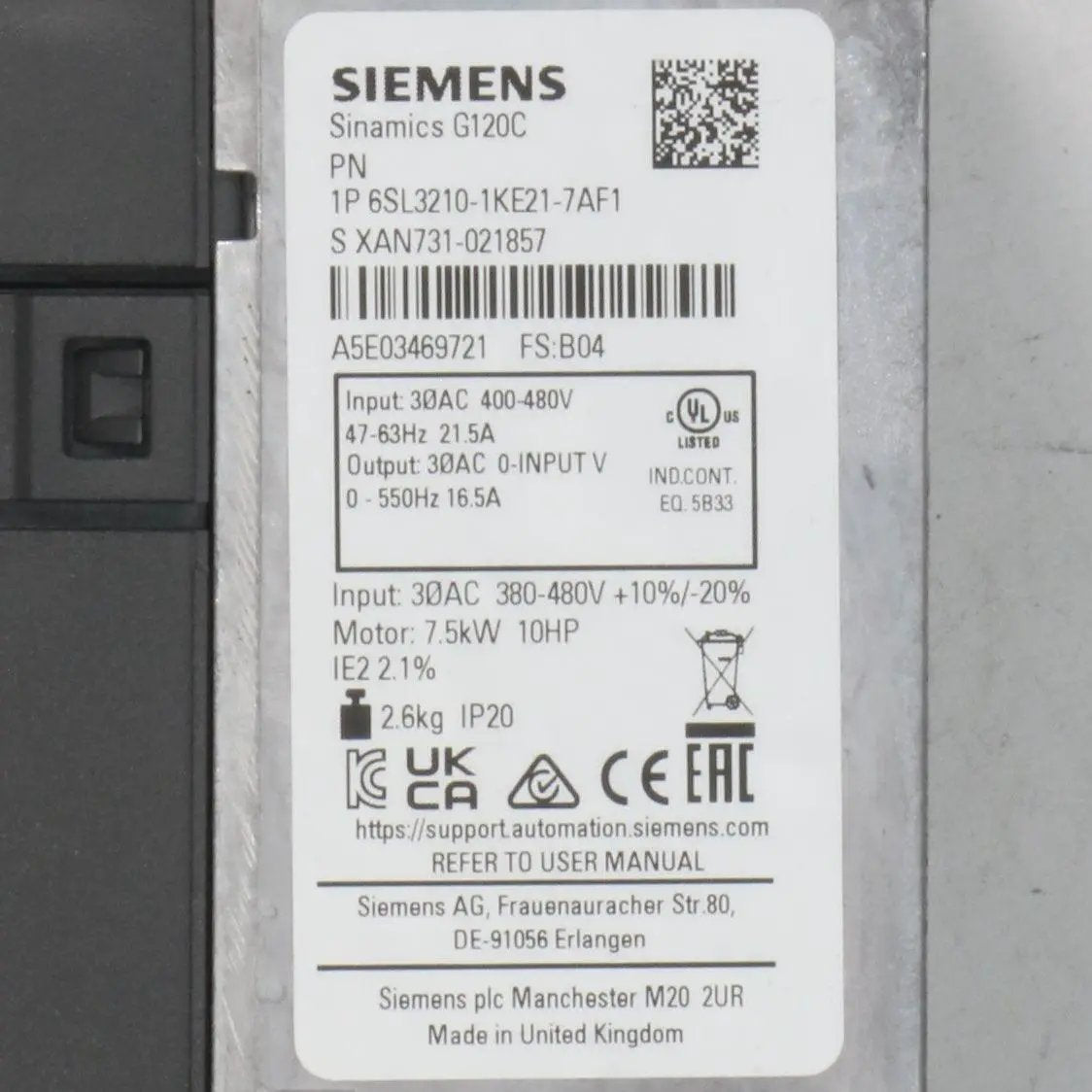 Siemens Sinamics 6SL3210 1KE21 7AF1 Inverter