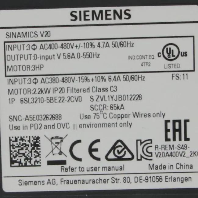 Siemens Sinamics 6SL3210 5BE22 2CV0 Inverter