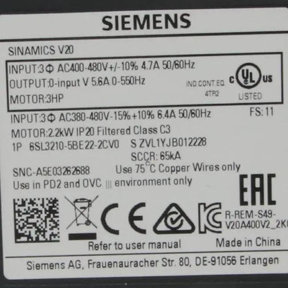 Siemens Sinamics 6SL3210 5BE22 2CV0 Inverter