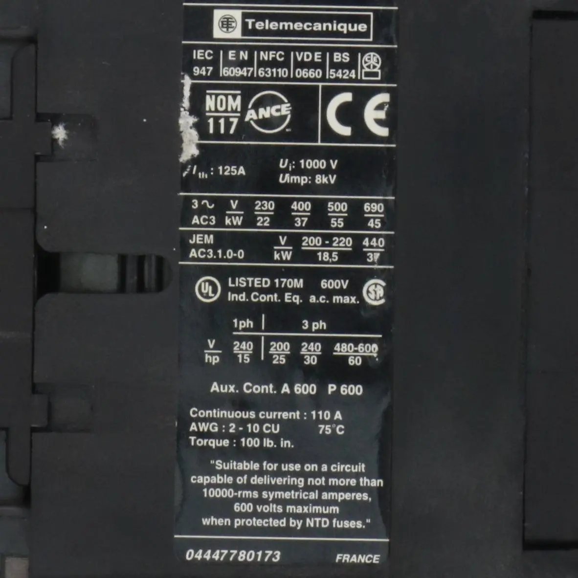 Telemecanique LC1D8011 Contactor